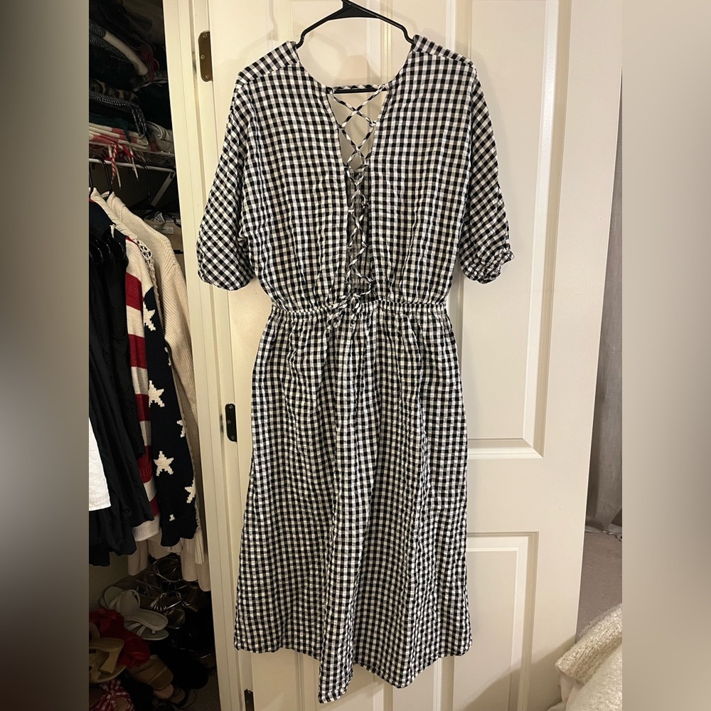 Mango Black & White Gingham V-Neck Open Back Midi Dress - Picture 3 of 6